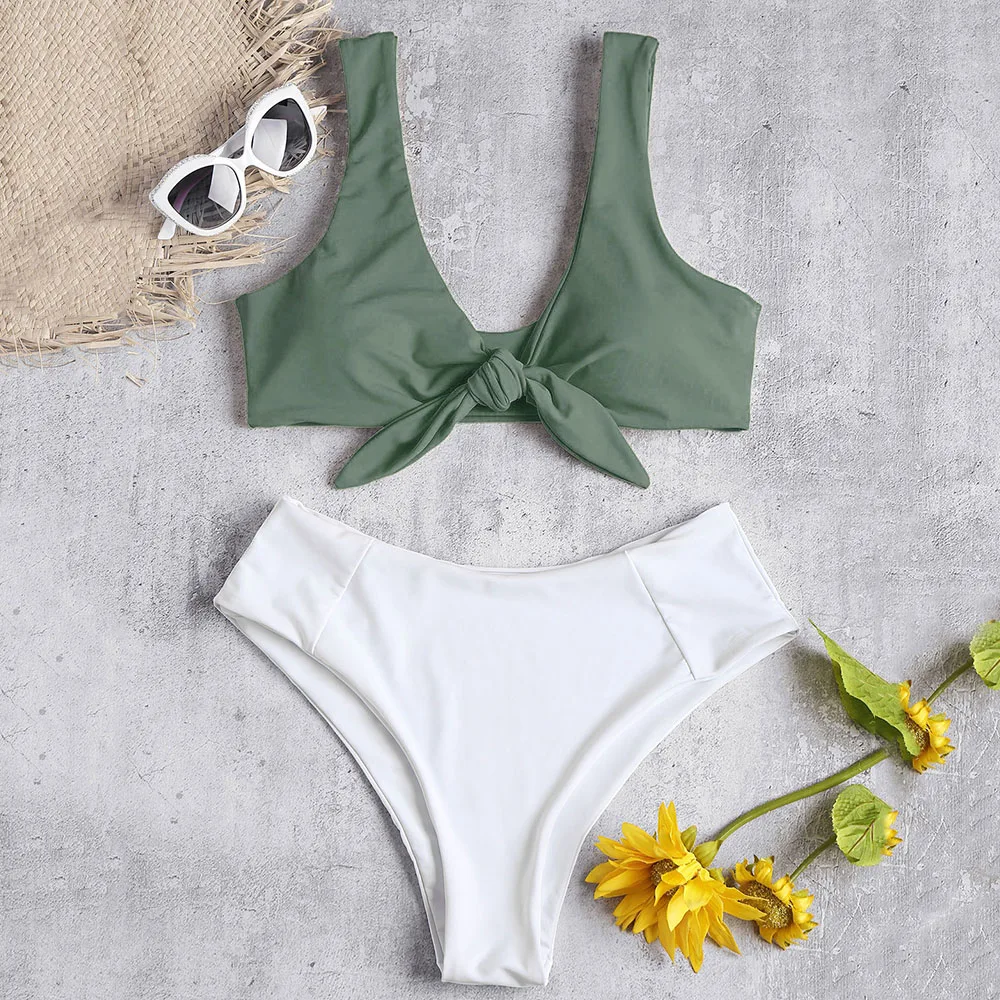 Женский раздельный купальник с высокой талией и V образным вырезом|Купальники| |