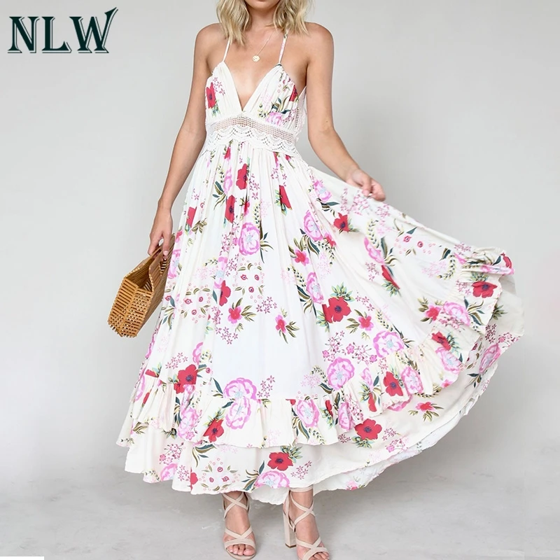 NLW летнее кружевное вязаный крючком Холтер платье макси Бохо Цветочный принт