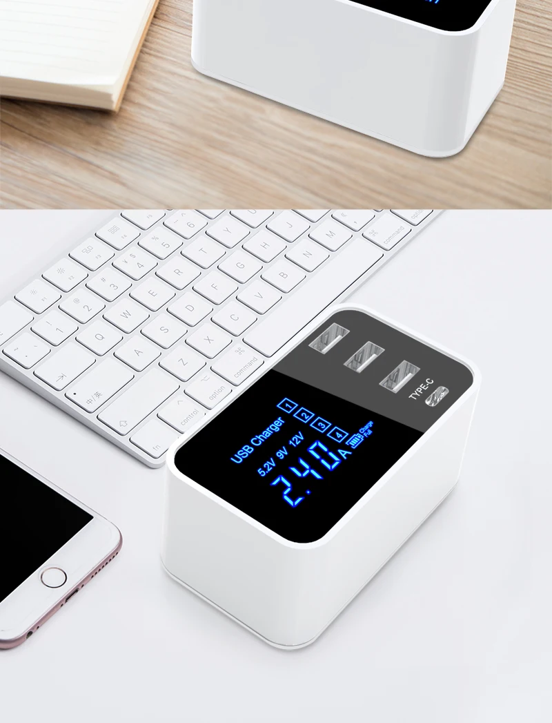 Умное быстрое зарядное устройство USB type C с ЖК-дисплеем, умное зарядное устройство для путешествий, мобильного телефона, быстрое зарядное устройство для iPhone, samsung, адаптер