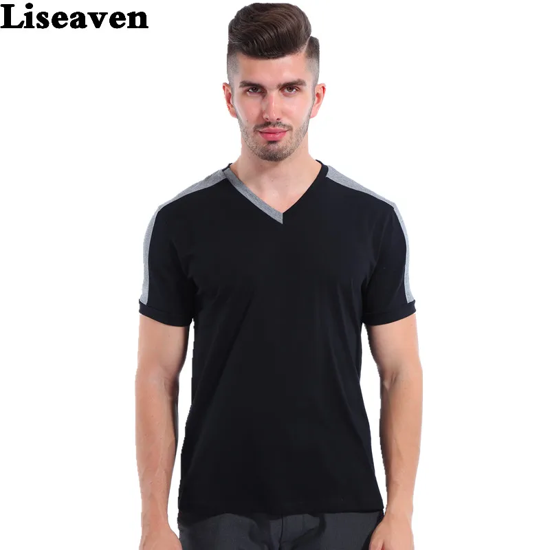 

Liseaven fashion men short sleeve t shirts 2017 black white contrast color v neck short tee tops for men t-shirt