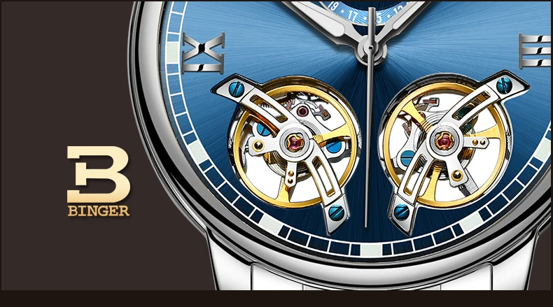 Double tourbillon Luxury Men watch Automatic mechanical Watch BINGER Famous Brand Watch Gold Case Blue Dial Double relogio