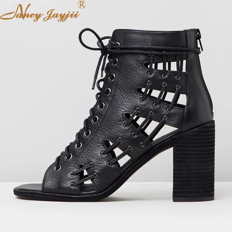 

Nancyjayjii Black Cutouts Peep Toe Women’S Ankle Boots Lace Up Super High Chunky Heels Female Autumn Casual Booties Zipper Shoes