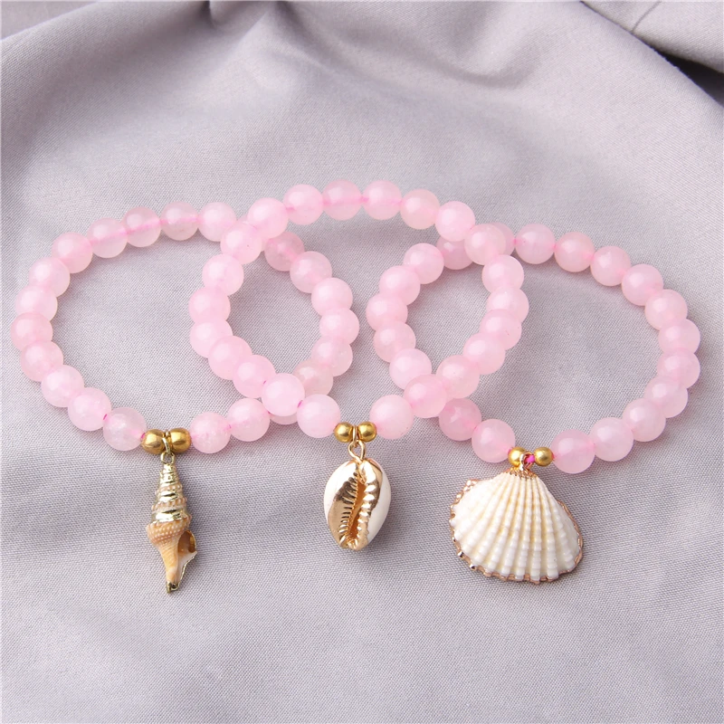 

Natural Rose pink quartz Crystal beads bracelet Natural white shell charm pink bracelets jewelry for women girl gifts wholesale
