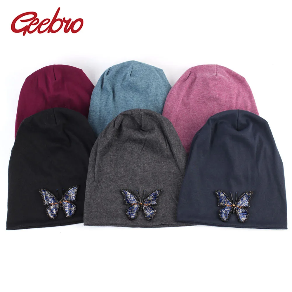 Женская вязаная шапка Geebro с бабочками и стразами|Женские Skullies шапочки| |