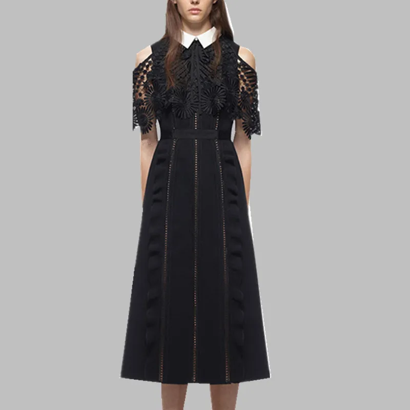 Женское длинное платье Автопортрет бежевое черное кружевное в стиле пэчворк с