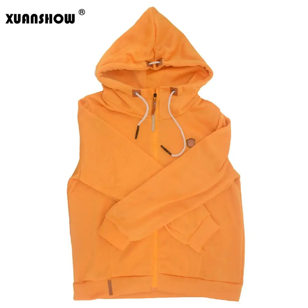 Orange XUANSHOW Женский мода руно толстовки свитшот женский Повседневная Спортивные костюмы твердый Длинный рукав Застегнуть Одежда Плюс размер S-5XL - Цвет: Orange