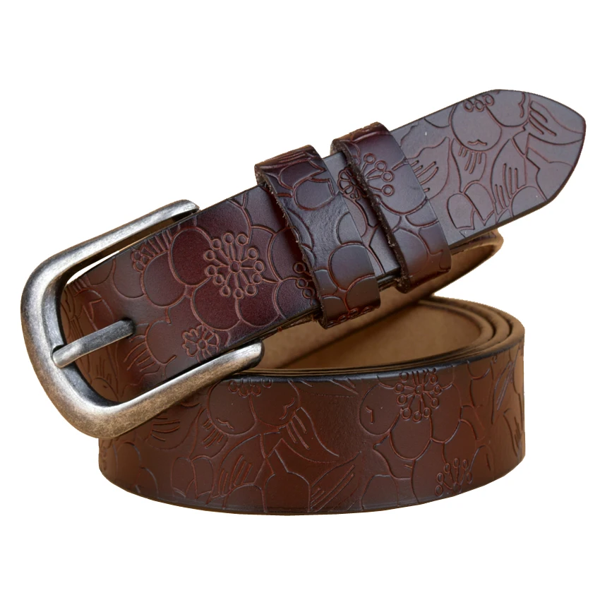 

2021 Luxury Cow Split Leather Women Belt High Quality Pin Buckle Carved Brand Belts for Women Vintage Floral Strap Female