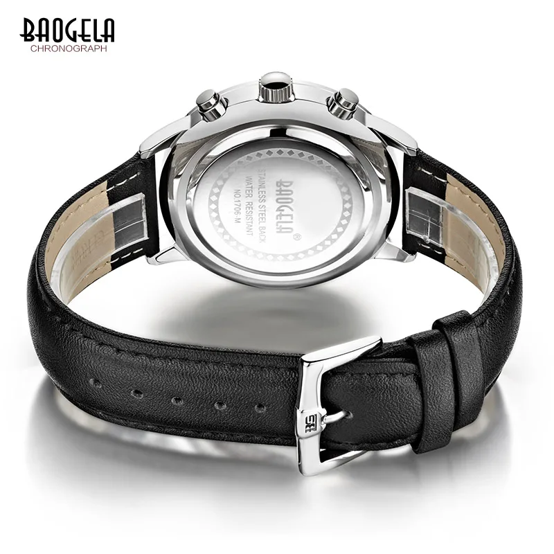 

Baogela Mens Chronograph Luminous Hand Date Indicator Black Leather Strap Quartz Wrist Watches BGL1706-M