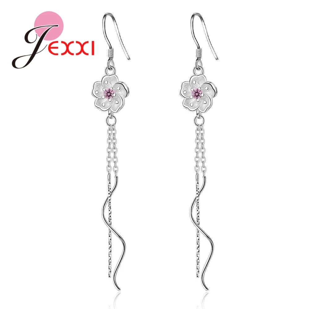 

Genuine 925 Sterling Silver Elegant Daisy Flowers with Crystals CZ Long Dangle Earrings Women Jewelry For Wedding Banquet