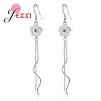 genuine 925 sterling silver elegant daisy flowers with crystals cz long dangle earrings women jewelry for wedding banquet