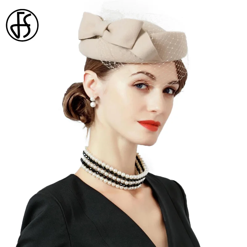 Женская фетровая шляпка-Таблетка FS винтажная шляпка цвета хаки с вуалью и бантом