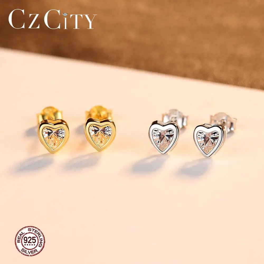 CZCITY новый 925 серьги гвоздики из стерлингового серебра в виде сердечек для женщин