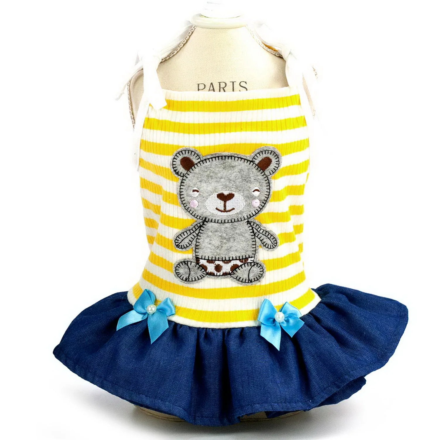 Джинсовое платье с нашивкой в виде медведя и маленькой собачки полосатая