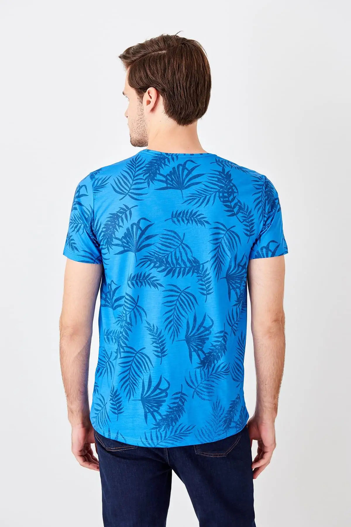 Trendyol синяя мужская новая футболка с принтом листьев TMNSS19TS0549|Мужские футболки| |