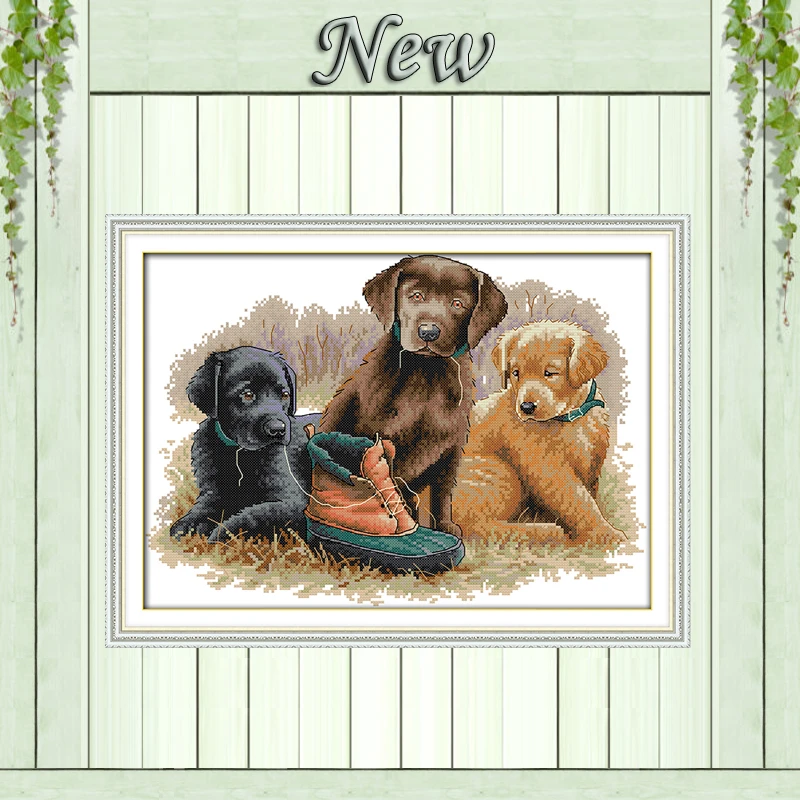 Набор для вышивки крестом "Три прекрасных собаки и узор обуви", напечатанный на холсте DMC 11CT 14CT, набор для вышивки иглой и нитками, декор для дома с животными.