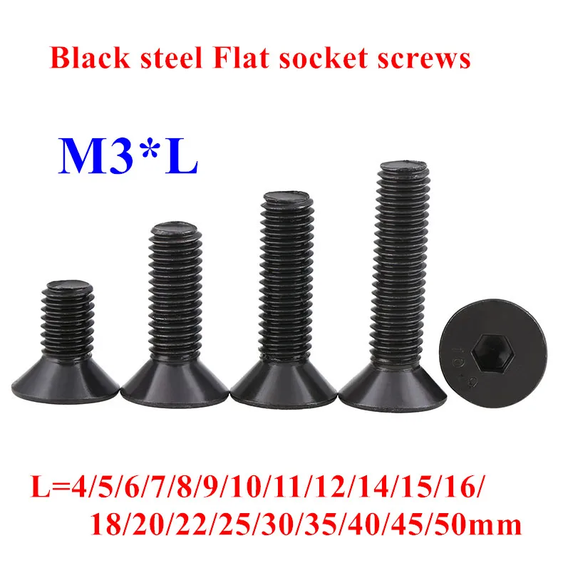 100pcs M3*4/5/6/8/10/12/16/20mm Hex socket flat head cap screw DIN7991 grade 10.9 alloy steel black Countersunk head screw bolts