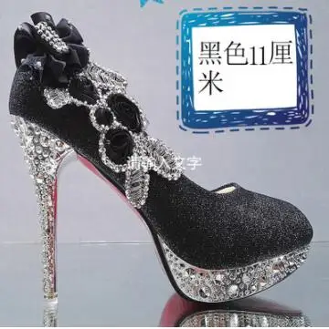 Flower 11cm black Женские свадебные туфли со стразами; женские вечерние туфли на высоком каблуке красного цвета для невесты; пикантные женские туфли-лодочки; блестящая белая свадебная обувь; 11 см - Цвет: Flower 11cm black