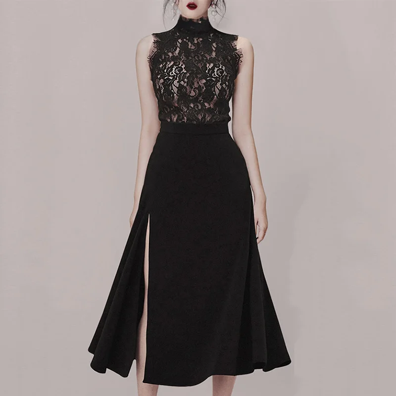 Max Spri 2019 New Style Women Sets O-neck Floral Lace Sleeveless Top Side Slit High Waist Midi Skirt |