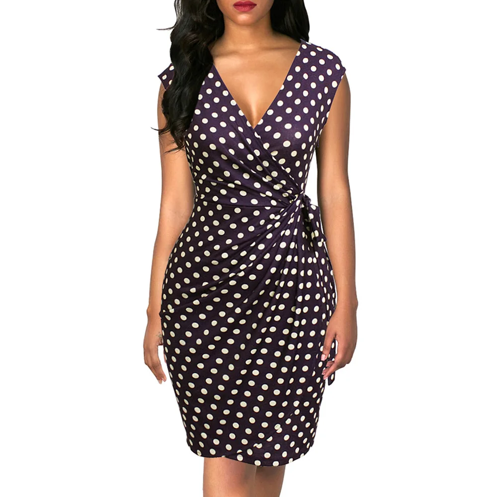 Berydress, винтажное женское платье, в горошек, с коротким рукавом, черное, с запахом, Vestidos, облегающее, облегающее, миди, летнее, Драпированное, вечерние, платье