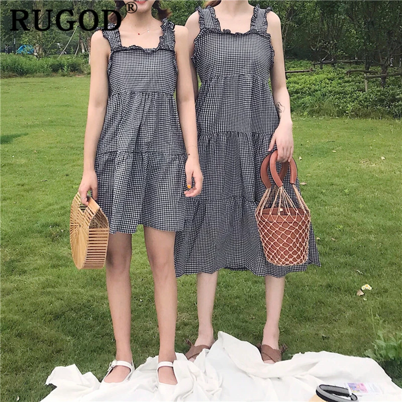 RUGOD 2019 клетчатое свободное женское платье на бретелях летняя с высокой талией