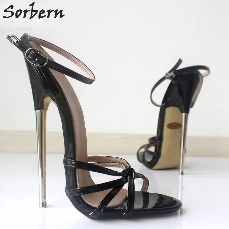 Black Shiny Sorbern/женские босоножки размера плюс; металлические туфли на высоком каблуке 18 см с пряжкой на ремешке; реальное изображение; женские сандалии унисекс; большие размеры 36-46; цвет на заказ - Цвет: Black Shiny