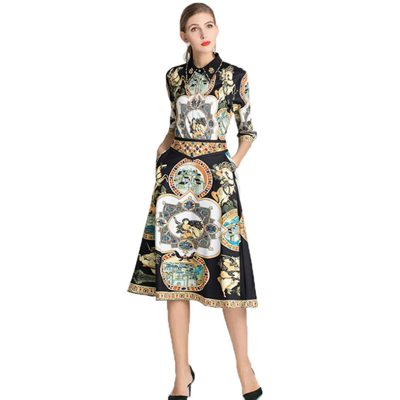 

High Quality 2019 Summer Women's Light Cooked Retro Seven-Point Sleeve Shirt High Waist Large Swing Ladies Half Skirt Two-piece