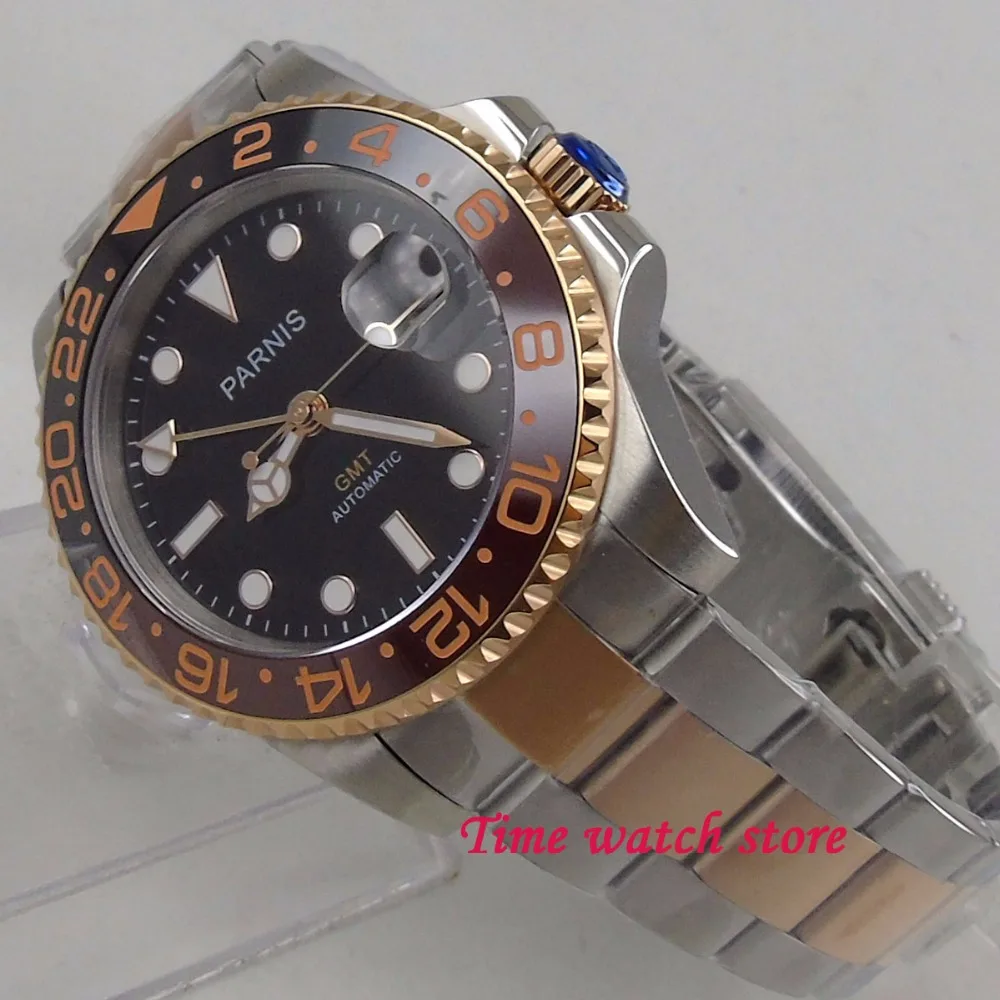 Мужские автоматические часы Parnis 40 мм GMT 3804 Роскошные водонепроницаемые стальные