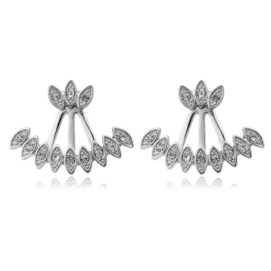 Двусторонние серьги гвоздики золотого цвета с перьями павлина и фианитами|stud