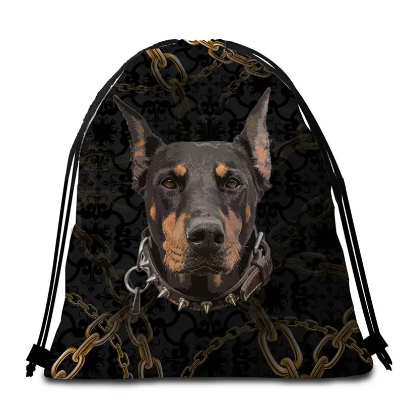 001 DoubleSide Bag BeddingOutlet Doberman большое круглое пляжное полотенце 3D принт микрофибра банное полотенце сумка одеяло животное собака коврик для пикника drap de plage - Цвет: 001 DoubleSide Bag