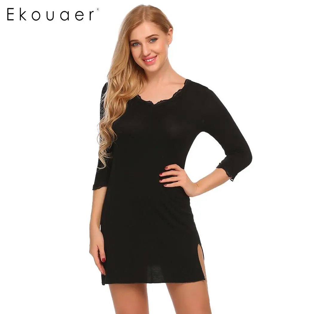 Ekouaer ночная рубашка, мягкая хлопковая ночная рубашка, ночная рубашка с v-образным вырезом, рукав 3/4, кружевная отделка, Женская пижама, Мини Ночная рубашка, домашняя одежда
