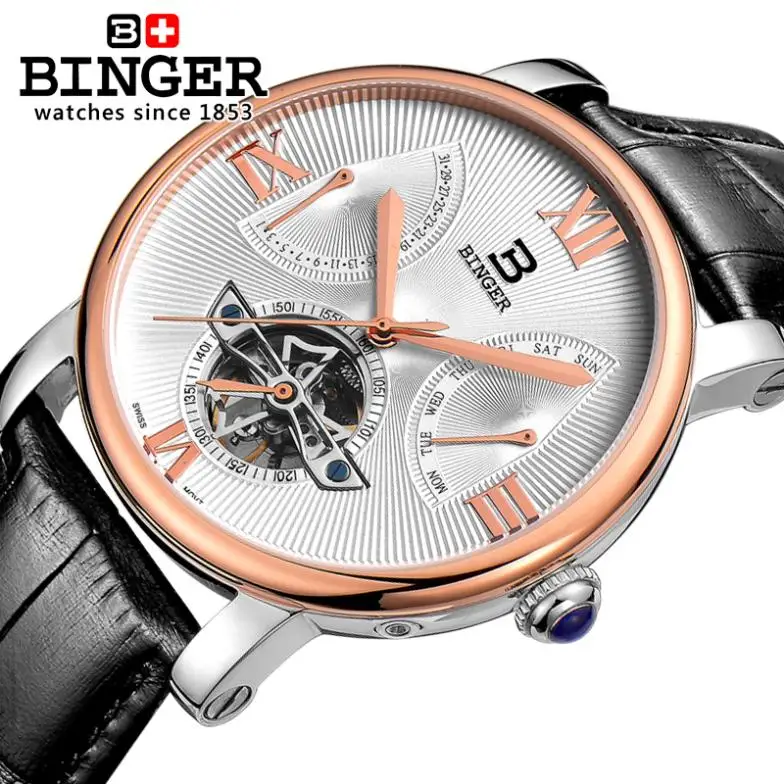 

Switzerland men's watch luxury brand Wristwatches BINGER Mechanical clock Diver waterproof leather strap watch BG-0408-5