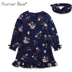Humor Bear/Новинка года; свитер для девочек; сезон осень-зима; корейские платья с цветочным принтом; детский вязаный пуловер с отворотом; одежда; платье принцессы для малышей