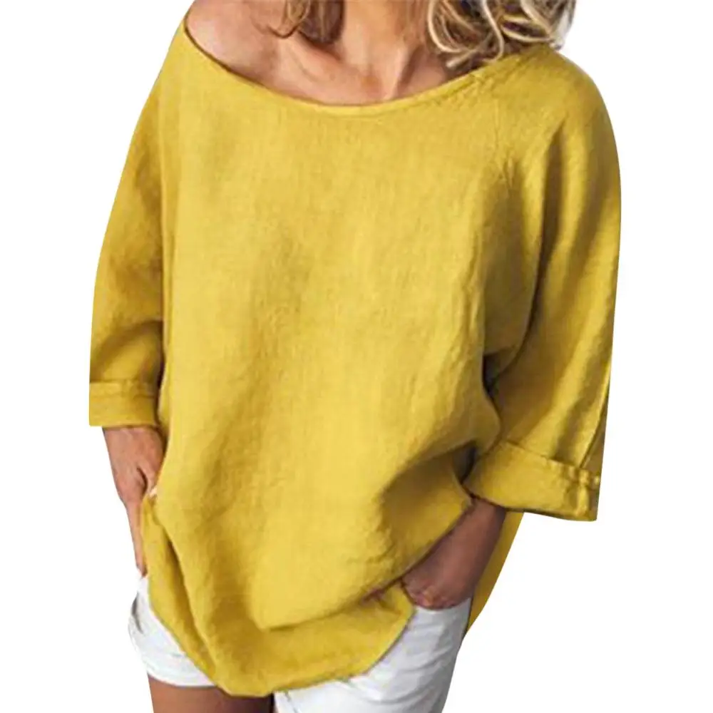 Блузка женская однотонная из хлопка и льна с круглым вырезом рукавом 3/4 | Женская