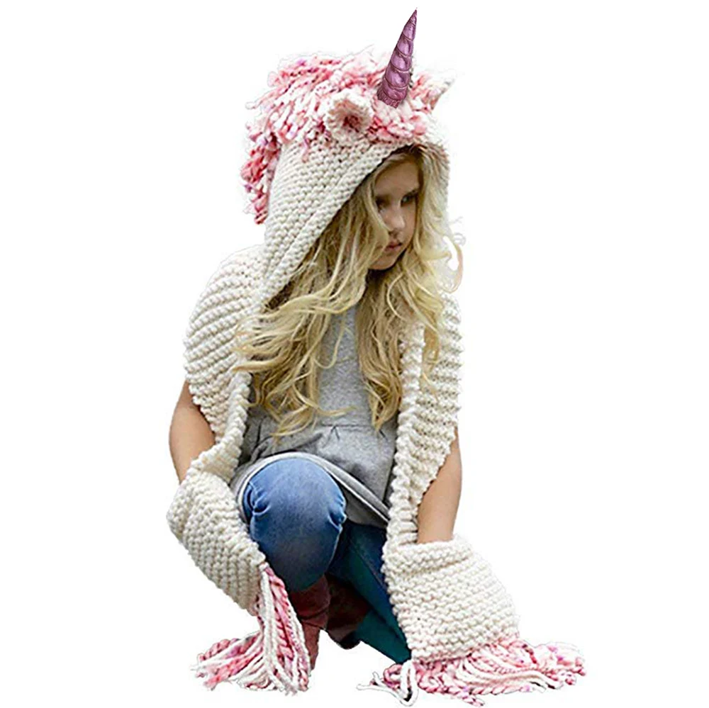 Fashion 3-10 Years Girls Unicorn Scarf Handmade Kid Winter Hat Wrap Caps Cute Autumn Warm Children Wool Knitted Scarves |