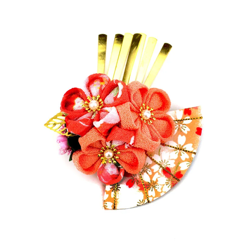 Японский стиль tsuami Kanzashi Розовый Красный кисточки Цветок сакуры веер кимоно аксессуар ручной работы заколка для волос HW002