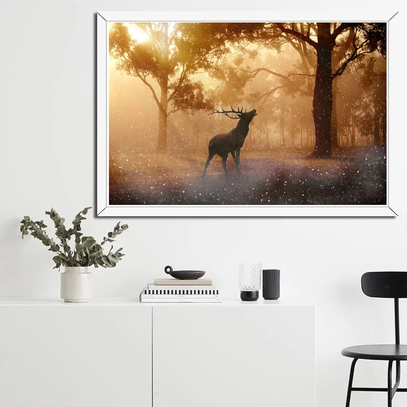 P314 олень лес закат природа пейзаж Искусство Живопись Шелковый Холст плакат