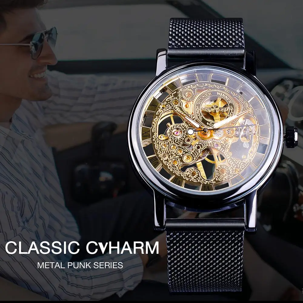 Winner 2019 Relogio Masculino Mechanical Watch Mens Golden Skeleton Transparent Slim Steel Mesh Band Casual Watches Reloj Hombre | Наручные