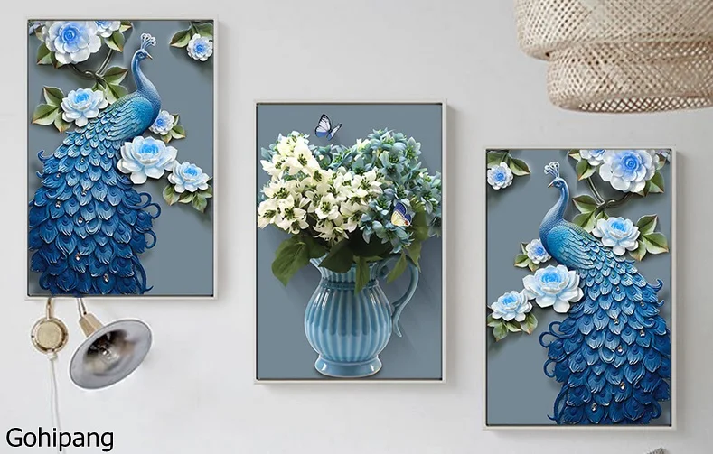 

New Chinese 3D 3D Relief Blue Peacock Vase Triple Decorative Painting Canvas Frameless Painting