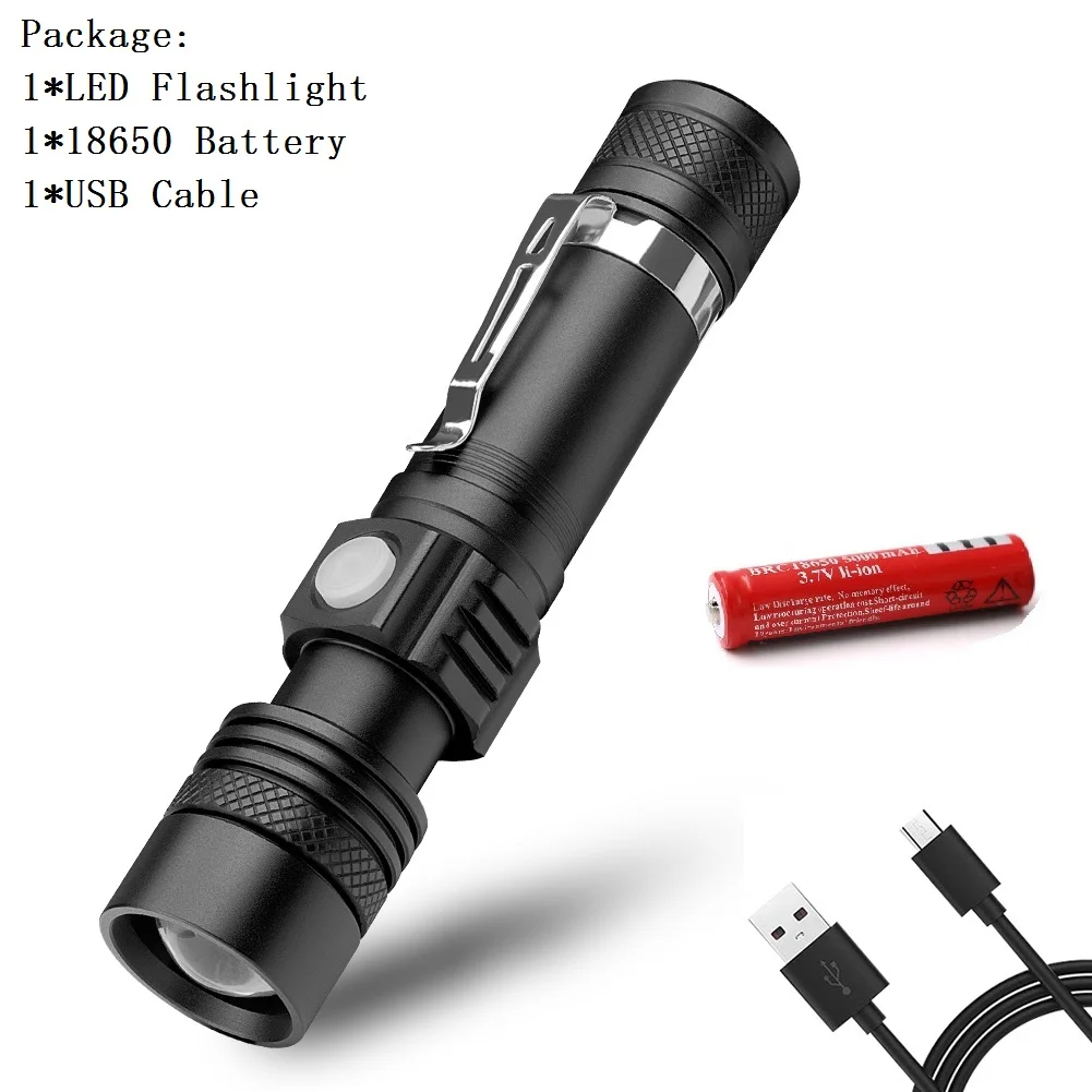 With Battery Тактический фонарь, XML-T6 светодиодный, 3 режима, USB Перезаряжаемый, 18650 фонарик, масштабируемый фонарь, фонарь для ночной рыбалки, аварийная лампа - Испускаемый цвет: With Battery