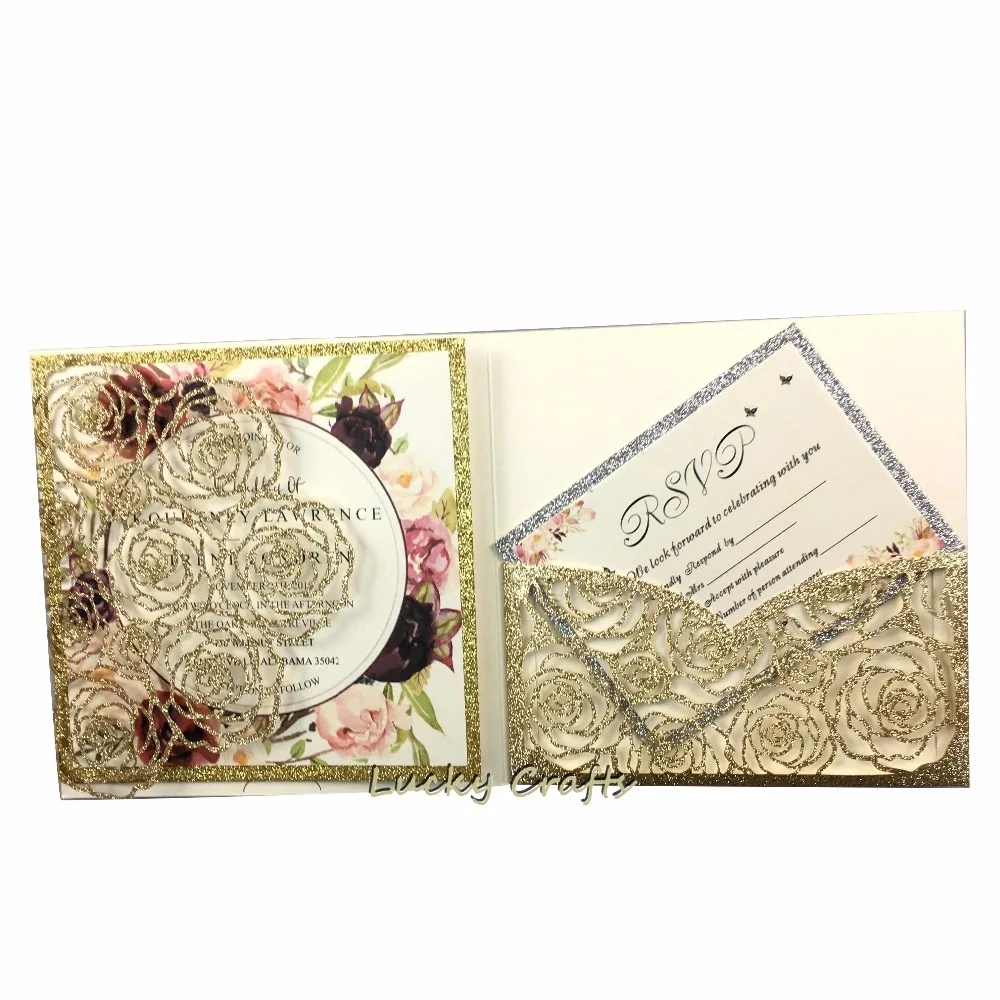 100 шт. Розовые Квадратные золотистые блестящие карманы лазерной резки свадебные