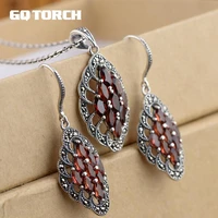 real pure 925 sterling silver gemstone pendant and earrings for women natural red garnet vintage style fine jewelry