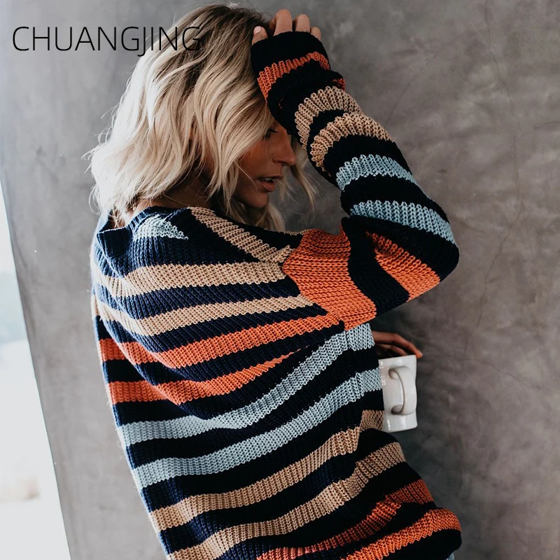 New Casual Autumn Winter Knitted Sweater Women Long Sleeve O-neck Striped Plus Size Pullover Ladies Streetwear | Женская одежда