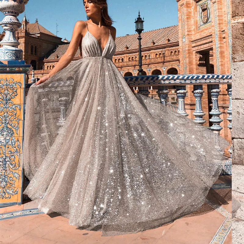 Золотое и Серебряное Сексуальное Платье макси с v образным вырезом на бретельках