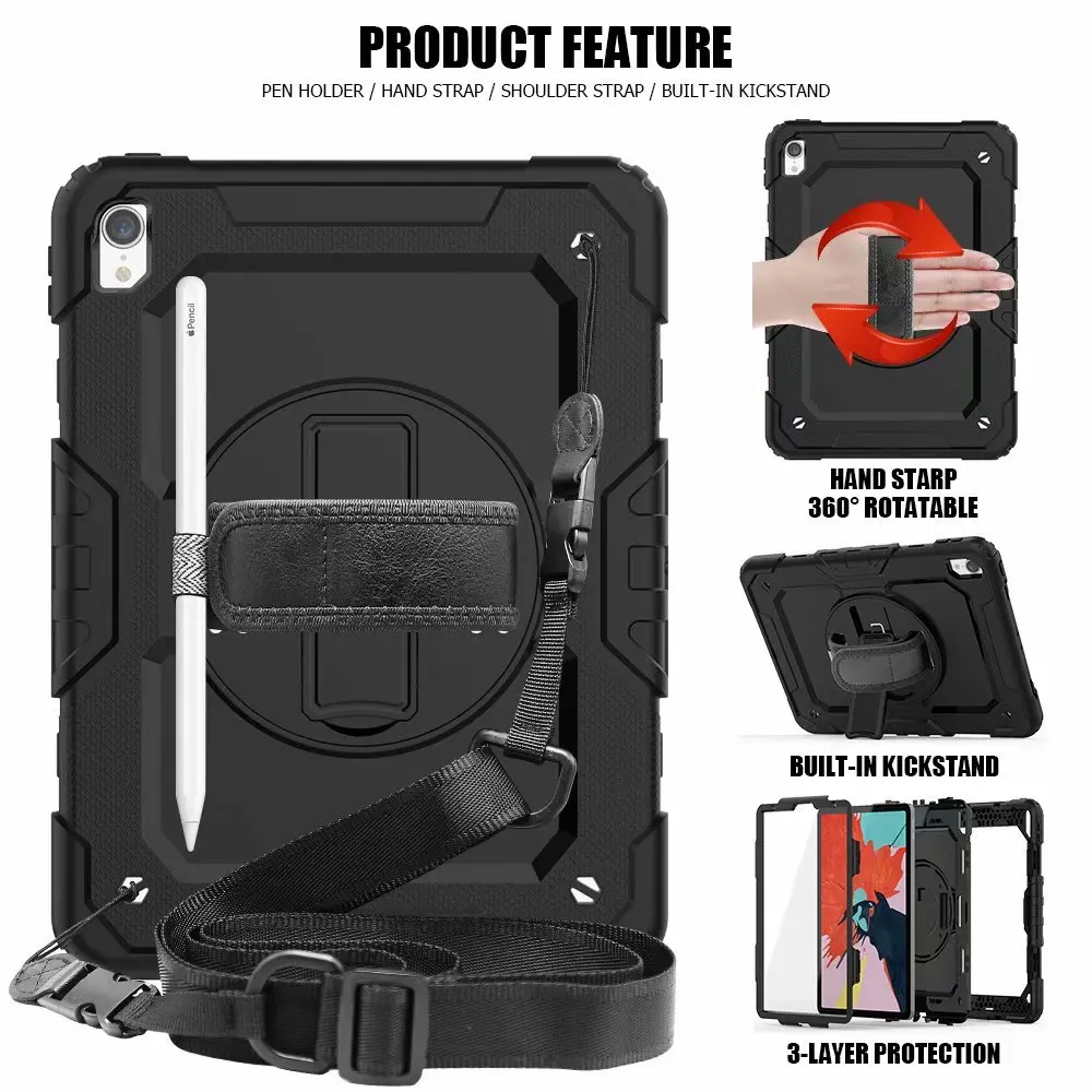 

360 Degree Kids Silicone Hard Cover+Neck Strap & Hand Strap For iPad Pro 11'' Case For iPad Pro 11 inch 2018 tablet +pen