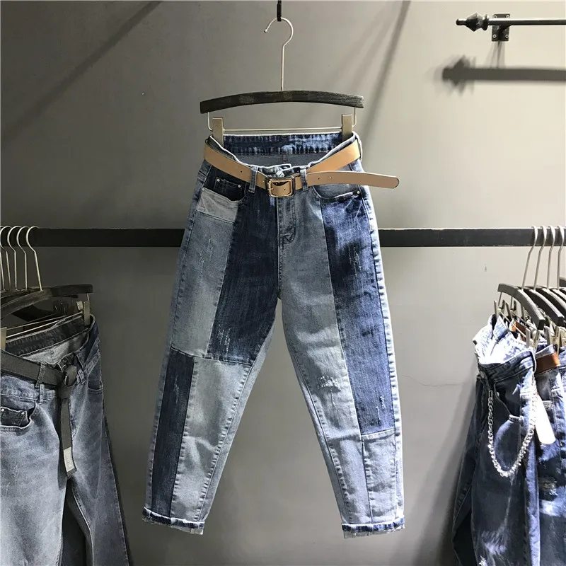 Европейские весенние 2019 новые цветные сращивающиеся повседневные джинсы с