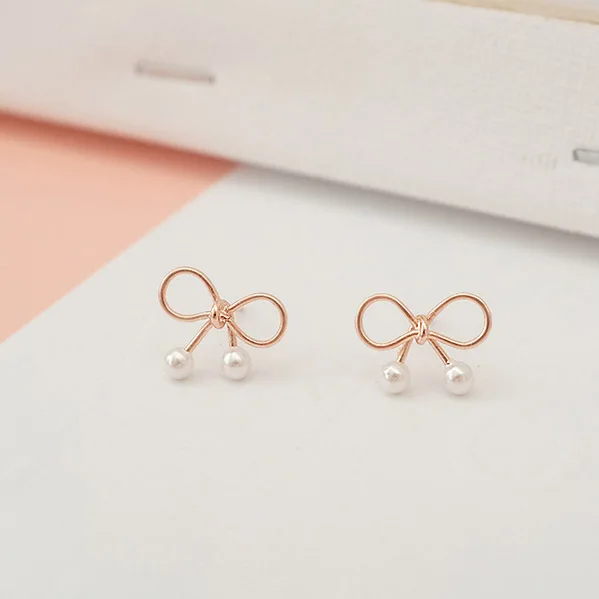 bow pearl rose golden earrings 100% 925 Sterling silver Jewelry fashion Hypoallergenic Stud for women girl gift | Украшения и