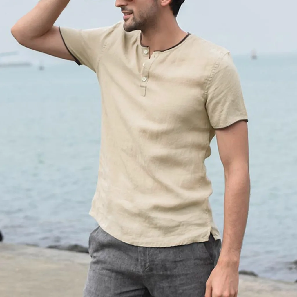 Рубашка мужская хлопковая льняная с коротким рукавом и кнопками большого