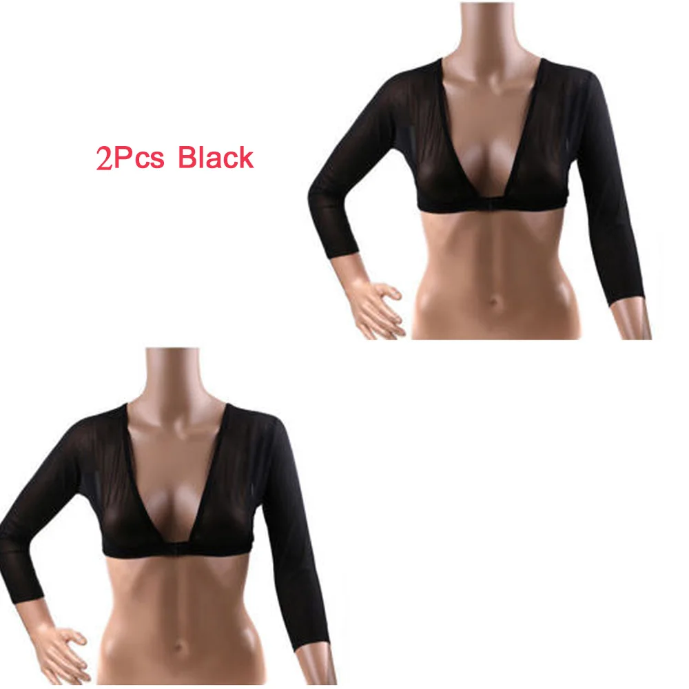 2PCS BLACK Новая мода размера плюс бесшовные рука формирователь коротко стриженый пупка сетки кардиган Горячая 3/4 рукавом, на пуговицах, для девочек топ с точки зрения кардиган - Цвет: 2PCS BLACK