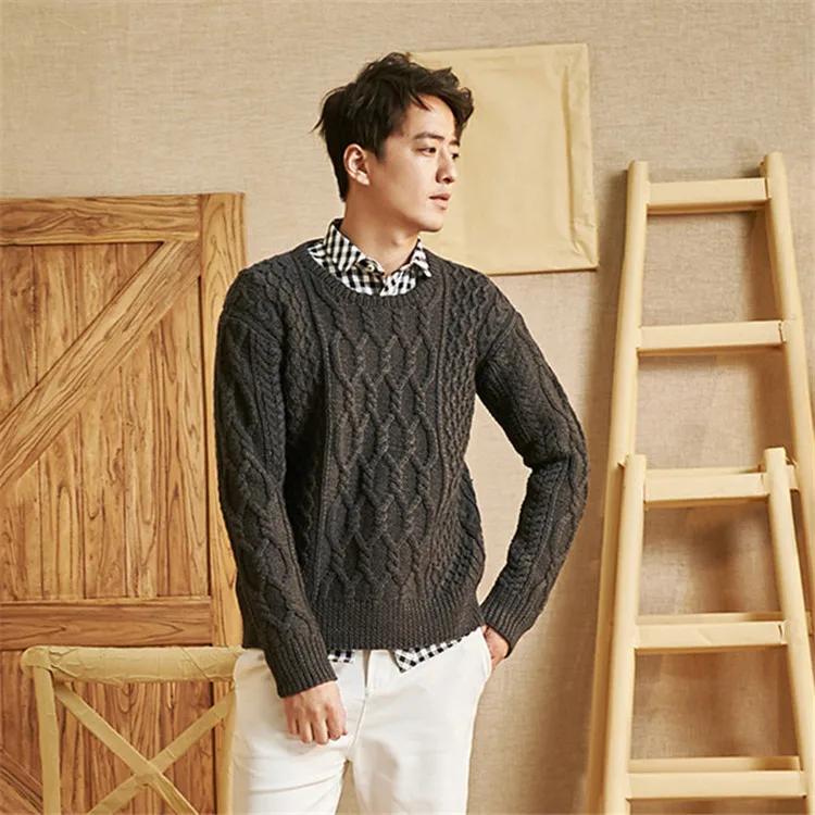 Новое поступление ручная работа чистая шерсть Oneck twisted knit men solid H-прямой свободный пуловер свитер один и более размер