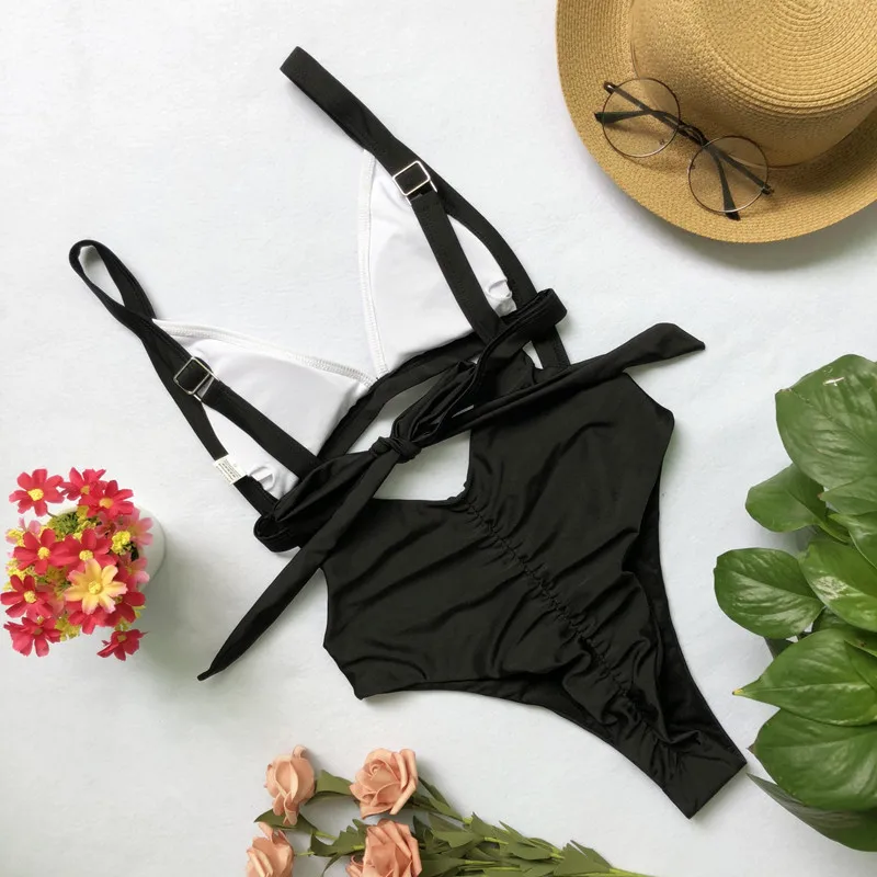 2018 женский бандажный черный купальник сдельный с вырезами на животик v образный